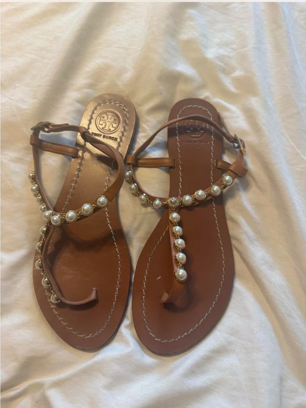 Tory Burch Brown Sandals W/Pearls ~ Size 7